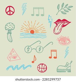 Collection of groove psychedelic elements. Retro design of hipster icons. Doodle style graphic. Vintage trippy cartoon. Color symbols on white background. 60s 70s 80s 90s trendy vector illustration..