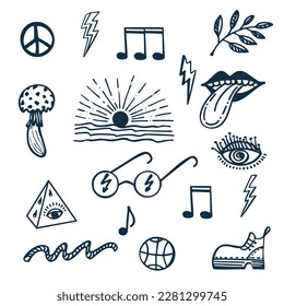 Colección de elementos psicodélicos de la ranura. Diseño retro de iconos hipster. Gráfico de estilo Doodle. Caricatura trippy vintage. Símbolos negros sobre fondo blanco. Ilustración vectorial de moda de los años 60 y 70 de los 80.
