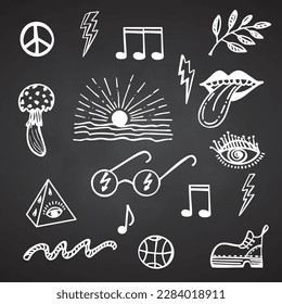 Collection of groove psychedelic elements. Retro design of hipster icons Doodle style graphic. Vintage trippy White symbols on chalkboard background 60s 70s 80s 90s trendy vector illustration.