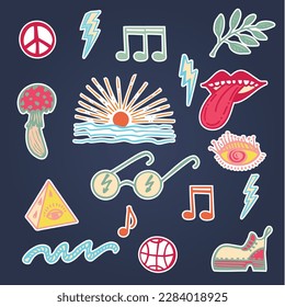 Collection of groove psychedelic elements. Retro design of hipster icons Doodle style graphic. Vintage trippy cartoon Color stickers on isolated background. 60s 70s 80s 90s trendy vector illustration.