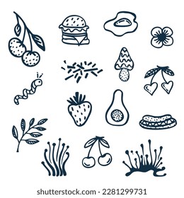 Collection of groove psychedelic food elements. Retro design of hipster icons. Doodle style graphic. Vintage trippy cartoon. 60 70 80 90 trend vector illustration Black symbols on white background.