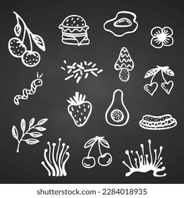 Collection of groove psychedelic food elements. Retro design of hipster icons Doodle style graphic. Vintage trippy cartoon 60 70 80 90 trend vector illustration White symbols on chalkboard background.