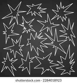 Colección de elementos de taladro psicodélico de ranura. Diseño retro de íconos hipster Estilo doodle gráfico Trippy vintage caricatura. 60 70 80 90 ilustración vectorial de tendencia Símbolos blancos en el fondo de la pizarra.