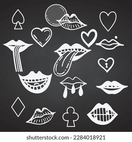 Collection of groove psychedelic mouth elements Retro design icons. Doodle style graphic. Vintage trippy cartoon 60 70 80 90 trendy vector illustration White symbols on chalkboard background.