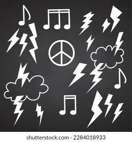 Collection of groove psychedelic music elements. Retro design hipster icons. Doodle style graphic. Vintage trippy cartoon. 60 70 80 90 trend vector illustration White symbols on chalkboard background.