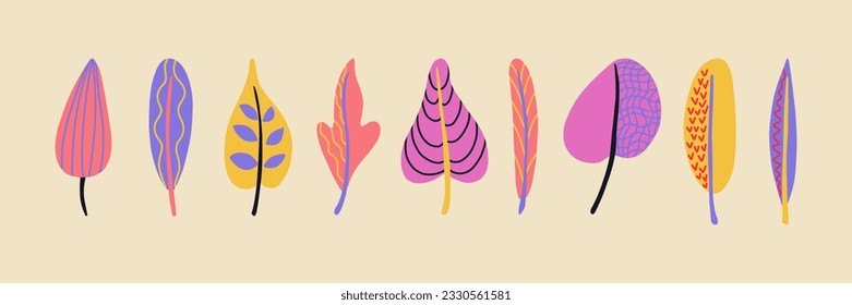 Collection groovy autumn tropical leaves. Leaves with textures distorted cell, line, zigzag, dot. Botanical tribal vector elements. 