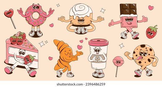 A collection of groovy cheerful desserts characters. Retro cartoon stickers, stamps, patches or mascots for cafe. Funky vector illustration with a donut, cake, chocolate, coffee, croissant and cookie.