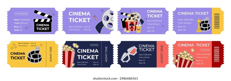 Collection of groovy cinema tickets. Retro movie coupon, design mascot cartoon elements, stickers. Vector 2000s illustration