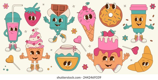 Collection of groovy dessert characters. Retro cartoon mascot set. Stickers for bakery, cafe and delivery. Cupcake, chocolate, donut, cake, honey jar, ice cream, croissant