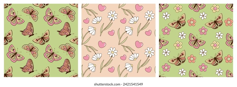 Collection of groovy hippie floral seamless patterns. Romantic backgrounds in retro 60s 70s style with butterflies flowers and hearts. Vector illustrations for wrapping, textile, posters, social media