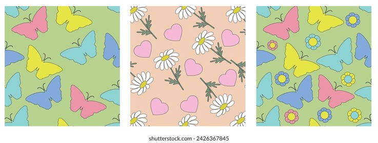 Collection of groovy hippie floral seamless patterns. Summer backgrounds in retro 60s 70s style with butterflies flowers and hearts. Vector illustrations for wrapping, textile, posters, social media