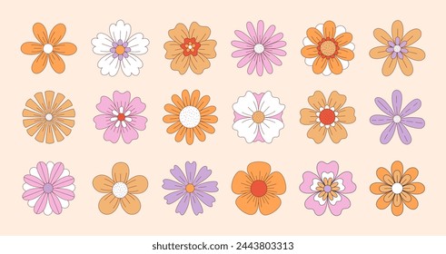 Collection of groovy hippie flowers in retro 1970s style. Vintage hand drawn funky flowers. Vector illustration.