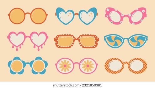 Collection of groovy hippie sunglasses in flat style. Cartoon abstract psychedelic retro glasses. Vector illustration