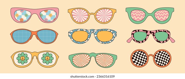 Collection of groovy hippie sunglasses in trendy retro psychedelic style. Vector illustration