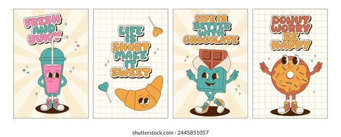 Collection of groovy posters and cards with dessert characters. Retro cartoon mascot set. Posters with lettering and phrases for bakery, cafe and delivery. Soda, croissant, chocolate, donut.