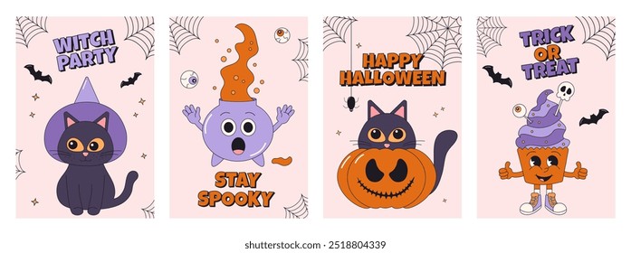 Collection of groovy posters and cards with spooky Halloween characters. Retro cartoon set. Posters with lettering and phrases with pumpkin, cats and cupcake.