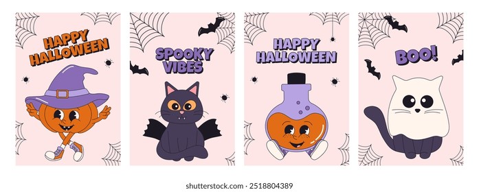 Collection of groovy posters and cards with spooky Halloween characters. Retro cartoon set. Posters with lettering and phrases.