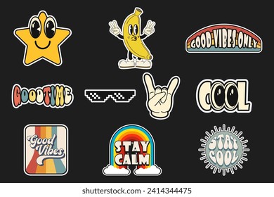 Colección Groovy Stickers Vector Design, bonito personaje retro, ilustraciones vectoriales estilo de dibujos animados