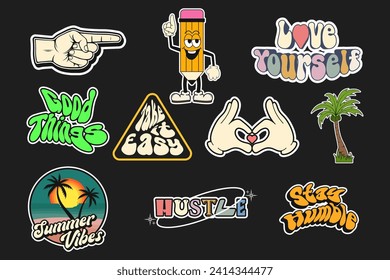 Collection of Groovy Stickers Vector Design, cute retro character, vector illustrations cartoon style