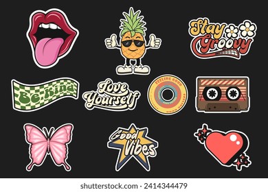 Colección Groovy Stickers Vector Design, bonito personaje retro, ilustraciones vectoriales estilo de dibujos animados