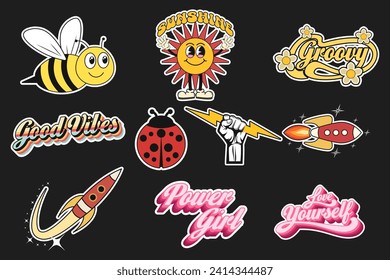 Colección Groovy Stickers Vector Design, bonito personaje retro, ilustraciones vectoriales estilo de dibujos animados