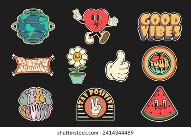 Colección Groovy Stickers Vector Design, bonito personaje retro, ilustraciones vectoriales estilo de dibujos animados