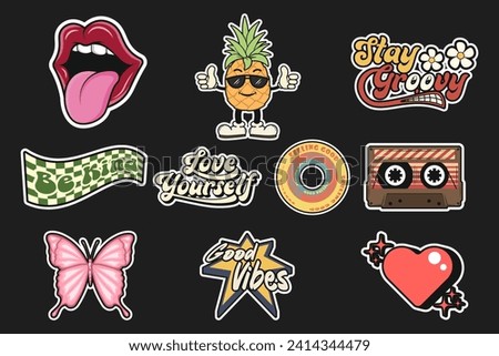 Collection of Groovy Stickers Vector Design, cute retro character, vector illustrations cartoon style