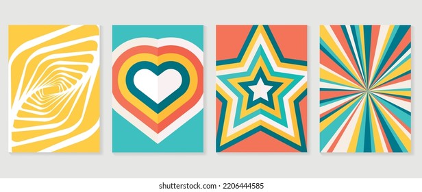 Collection of groovy style background vector. Set of hippie vibes wallpaper, colorful, wavy, psychedelic, heart, star, sunburst. Trendy retro 70s, 80s poster for banner, prints, decorative, cover.