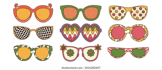 Collection of groovy trippy sunglasses in hippie boho style. Vector illustrations isolated on white background.