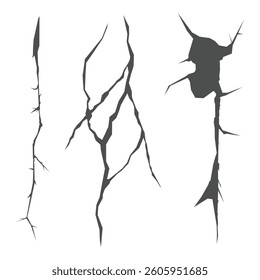 Collection of ground cracks, breaks isolated on white background. Realistic fissure in ground, crevices from disaster or drought top view. Vector illustration