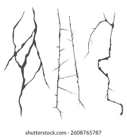 Collection of ground cracks, breaks isolated on white background. Realistic fissure in ground, crevices from disaster or drought top view. Vector illustration