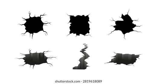 Collection of ground cracks holes and deep abysses in black silhouette and 3d perspective styles