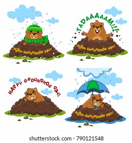 A Collection Of Groundhog Illustrations For Design And Postcards. A Happy Groundhog, A Groundhog With An Umbrella In The Rain And A Sad Groundhog In A Hat And With A Scarf.