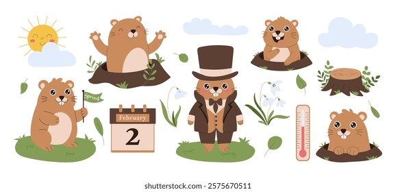 A collection of groundhogs with a calendar and a thermometer. The calendar is on February 2 groundhogs day