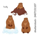 Collection Groundhogs. Rodent animal sad in snow, marmot stands and looks out of hole. Cute Isolated characters for Groundhog Day holiday design on February 2. vector illustration
