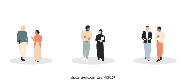 Coleção de grupos de pessoas conversando entre si. Conceito de comunicação.