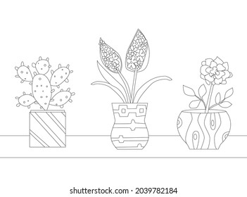 collection growing homeplants in cute ornament flowerpots for your coloring book