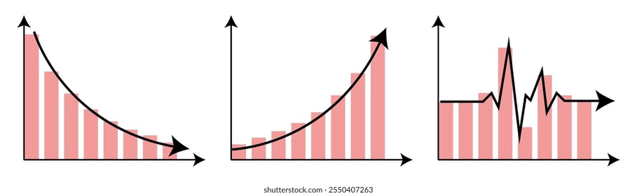 Collection of growth charts. Growing business arrow with chart. Business chart diagram concept. Set of three different diagrams. Improved graphics. Profit growth icon. Vector illustration.