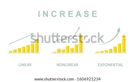 Collection of growth graphs with increasing stacks of dollar coins. Linear, nonlinear and exponential diagrams. Side view flat vector illustration. Business and statistic concept 