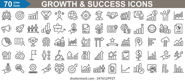 Collection of Growth and Success Icons set vector illustrator. Extensive Flat Design, Planning, and Goal Achievement Thin Outlines. 