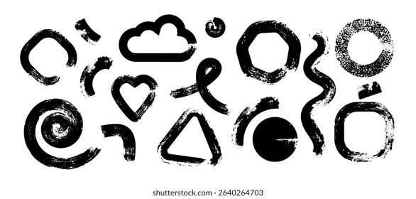 Collection of grunge black paint, ink brush strokes. Brush set isolated on transparent background. Abstract vector elements. Set of basic shapes and childish drawings.