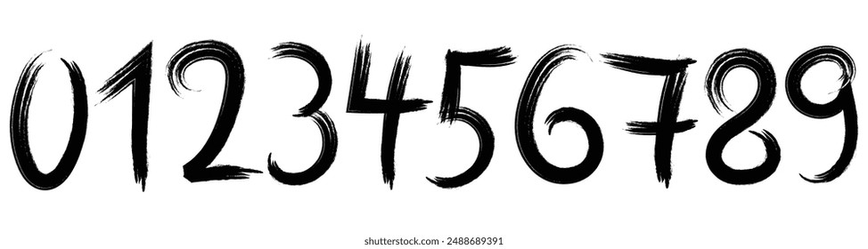 Collection grunge brush drawn numbers from 0 to 9. Graffiti style  vector elements. Typographic distressed numbers with brush texture and rough edges. Hand drawn grunge symbols.