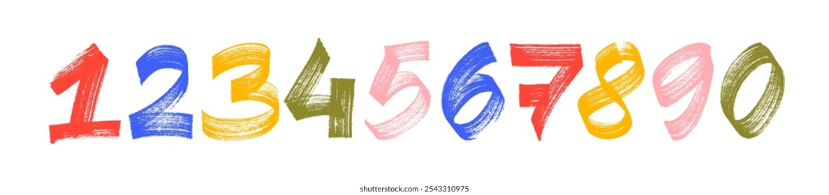 Collection grunge brush drawn numbers from 0 to 9. Dirty painted colorful numbers set. Hand drawn typography vector elements. Distressed characters with bold dry brush strokes.