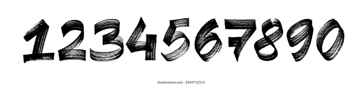 Collection grunge brush drawn numbers from 0 to 9. Dirty painted numbers set. Hand drawn typography vector elements. Distressed characters with bold dry brush strokes.