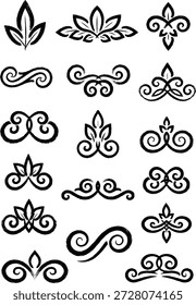 Eine Kollektion von farbigen Pinselstrichen, Vektordekorationselementen mit floralen Ornamenten, eleganten Blüten, Schriftrollen und Trennlinien, perfekt für Grafikdesign-Projekte