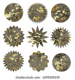 Collection of grunge circle shapes with golden texture. Design elements for logo, branding, label. Vector set