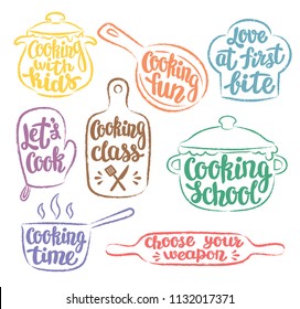 Collection of grunge colour contoured cooking label or logo. Cooking vector illustration with hand written lettering, calligraphy. Cook, chef, kitchen utensils icon or logo.