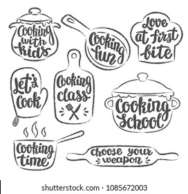 Collection of grunge contoured cooking label or logo. Hand written lettering, calligraphy cooking vector illustration. Cook, chef, kitchen utensils icon or logo. 