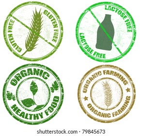 Collection of grunge diet stamps (gluten free, lactose free and organic), vector illustration