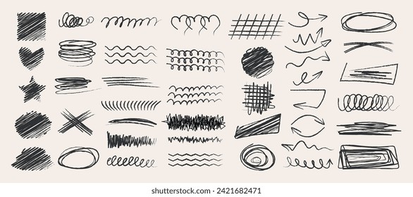 Collection of grunge doodles drawn with charcoal, brush, bristles. Bold charcoal stripes, arrows, markers, underlining, geometric shapes. Modern vector outline in doodle style.